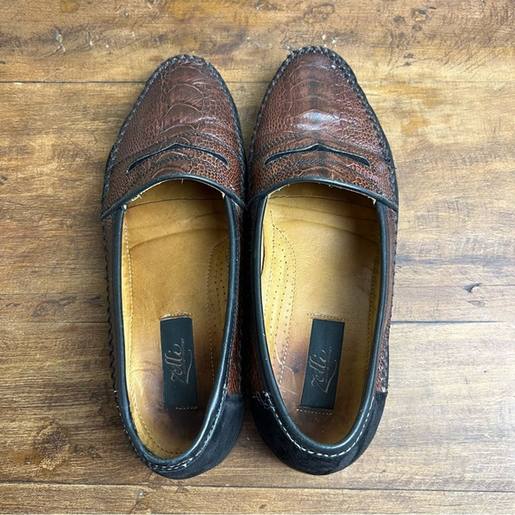 Zelli Mens 9M Black Brown Genuine Ostrich Leather Handmade Italy Penny Loafers - Picture 7 of 11